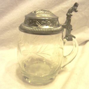 VTG TANKARD, ETCHED GLASS W/PEWTER TOP, GRAPE DESIGN,